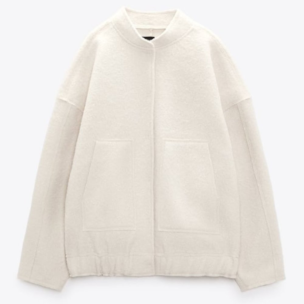Zara Oversized Pocket Bomber Jacket Felted Ecru Cream Size XS/S